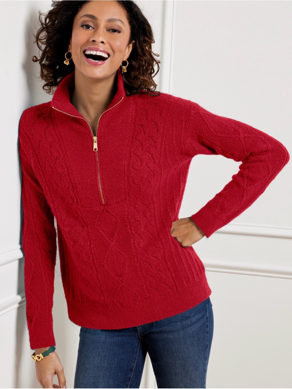 Talbots Red Cable-Knit Half-Zip Sweater